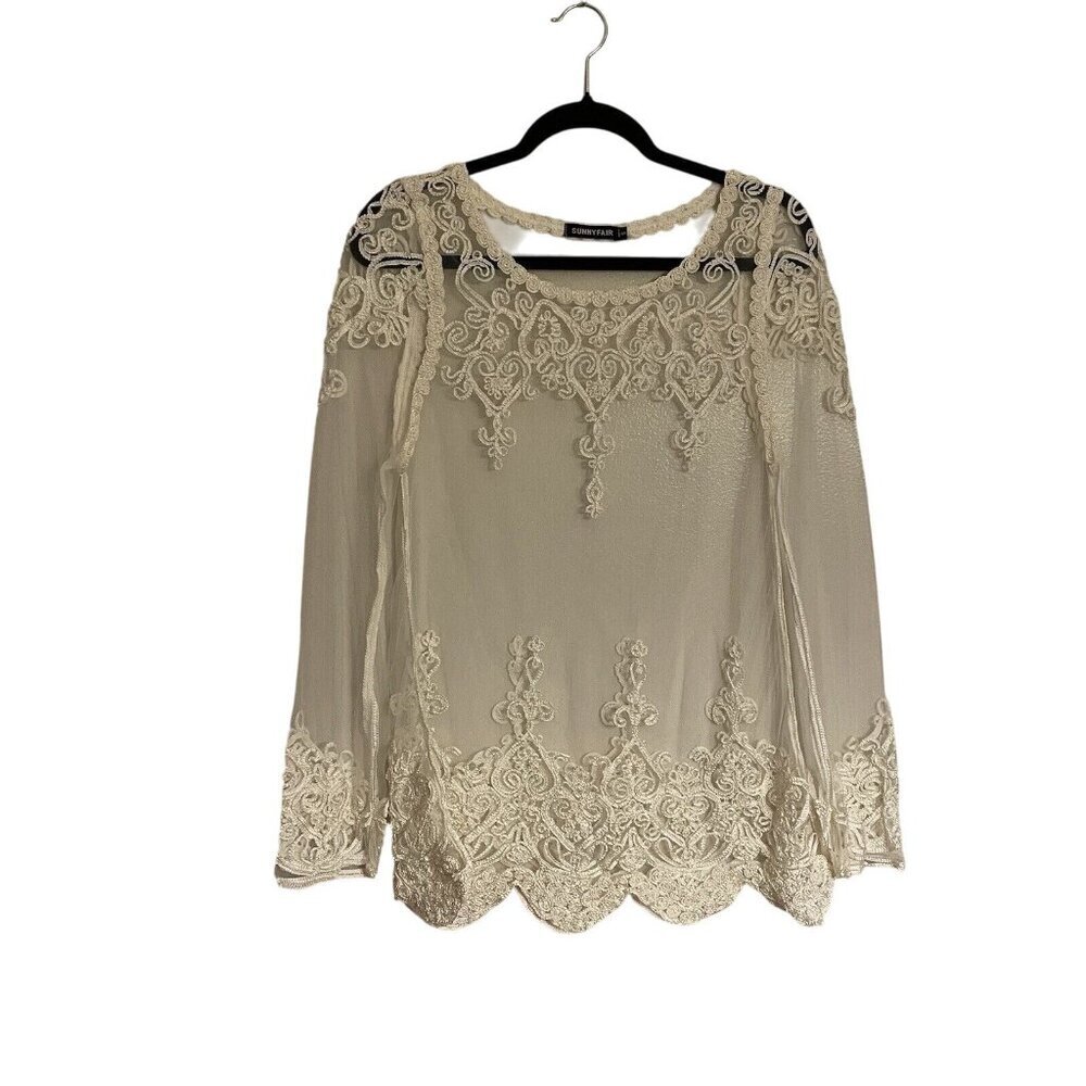 Sunnyfair Women SZ S Ivory Sheer Long Sleeve Embroidered Tunic Length Top